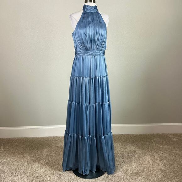 Mac Duggal 70168 Metallic Pleated Halter A-Line Gown Slate Blue Size 8 Dress - Picture 2 of 11